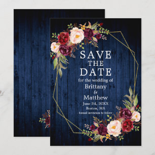 Save The Date Bourgogne Floral Bleu Bois Or Cadre Geo