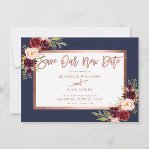 Save The Date Bourgogne Floral Rose Gold Navy Bleu