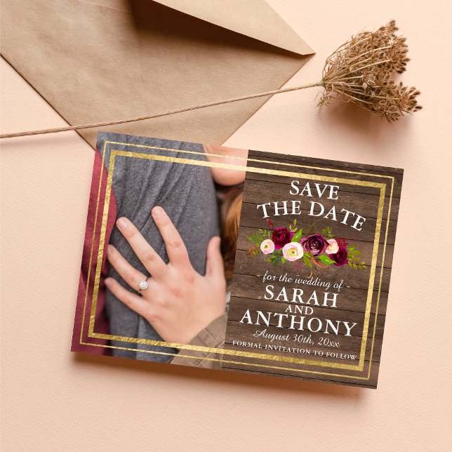 Save The Date Bourgogne Floral Rustic Gold Rose Enregistrer La D (Créateur téléchargé)