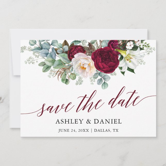Save The Date Bourgogne Florale Calligraphie Enregistrer La Date (Devant)