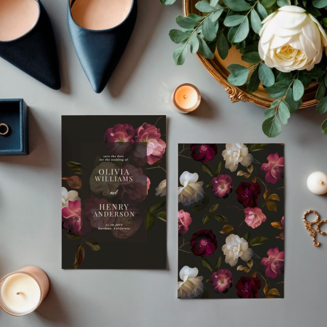 Save The Date Bourgogne foncé Floral Sombre Élégant Romantique N (Créateur téléchargé)