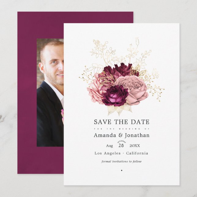 Save The Date Bourgogne - Mariage Rose et Or Marsala Blush (Devant / Derrière)