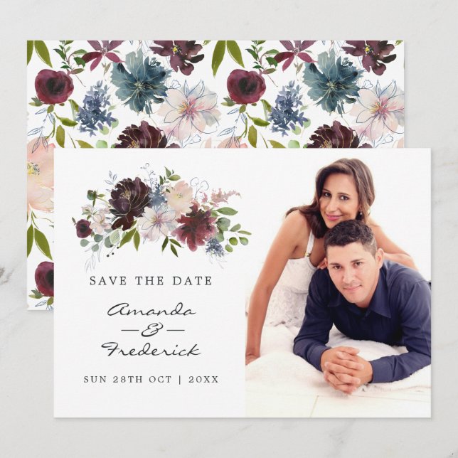 Save The Date Bourgogne, marine et Mariage rose pâle (Devant / Derrière)