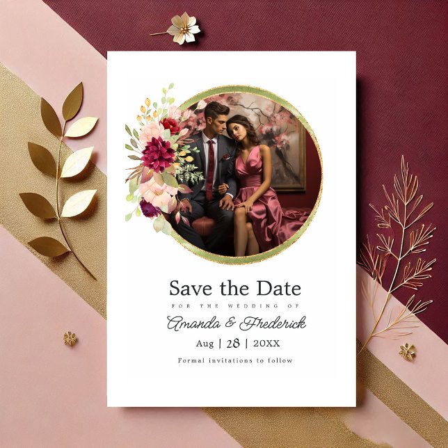 Save The Date Bourgogne-Marsala, flush et or Floral géométrique (Burgundy-Marsala, Blush and Gold Floral Geometric Save The Date)