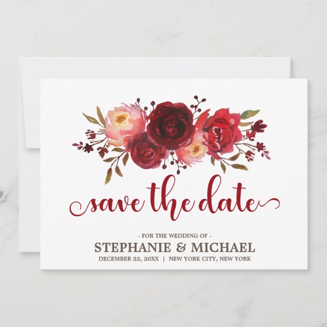 Save The Date Bourgogne Marsala Rouge Roses Floral enregistrer l (Devant)