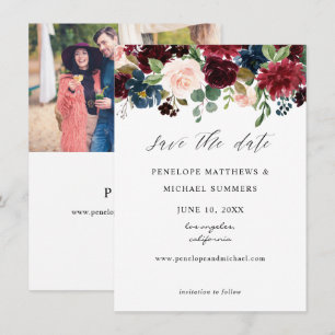 Save The Date Bourgogne, Navy & Blush Pink Floral Photo
