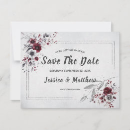Save The Date Bourgogne profond gris argent aquarelle floral per