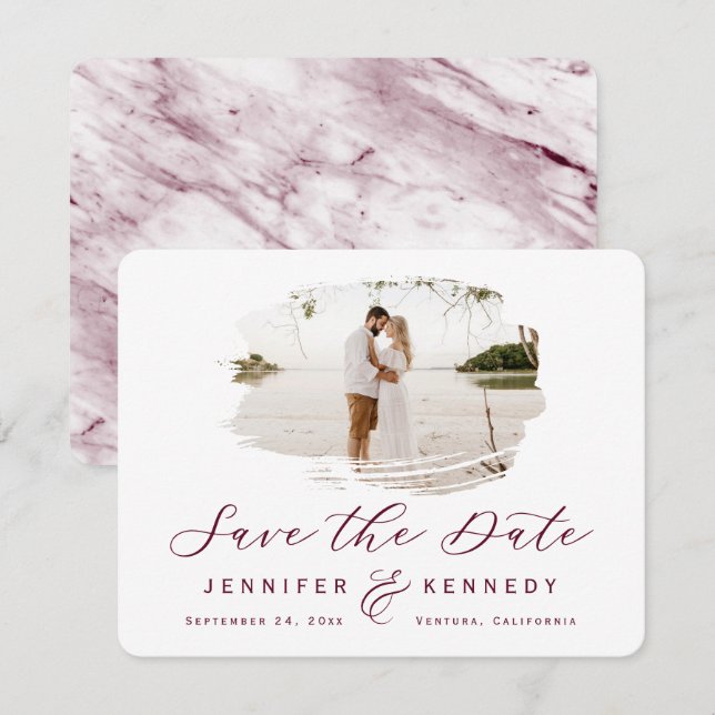 Save The Date Bourgogne romantique brossé cadre avec photo (Devant / Derrière)