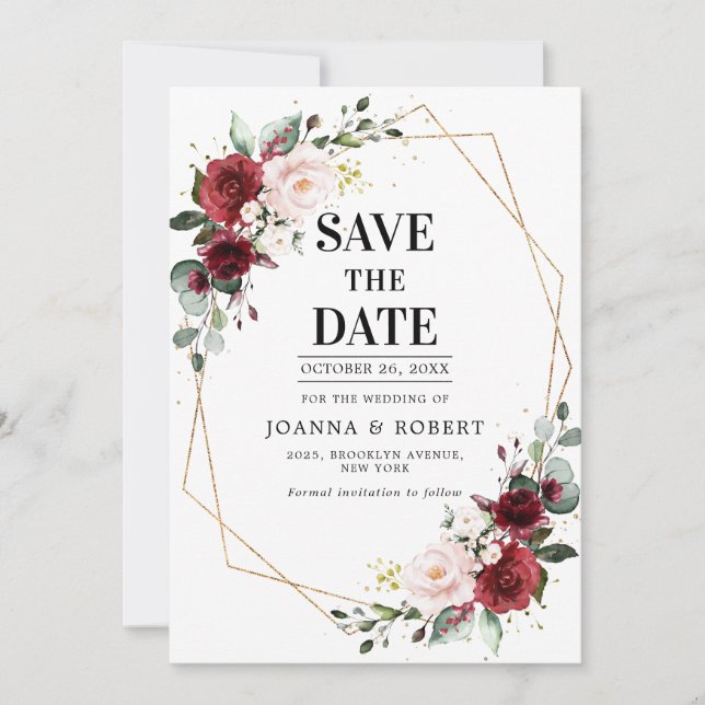 Save The Date Bourgogne romantique rose botanique géométrique (Devant)