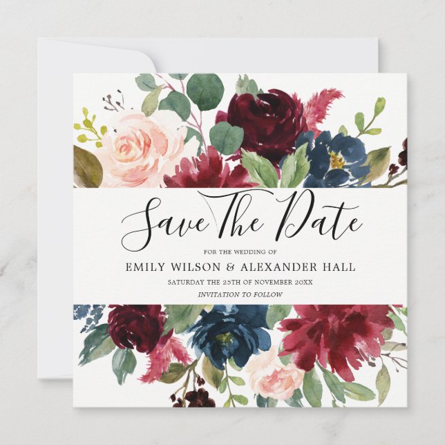 Save The Date Bourgogne Rouge Fleurs de Vins Mariage photo (Devant)