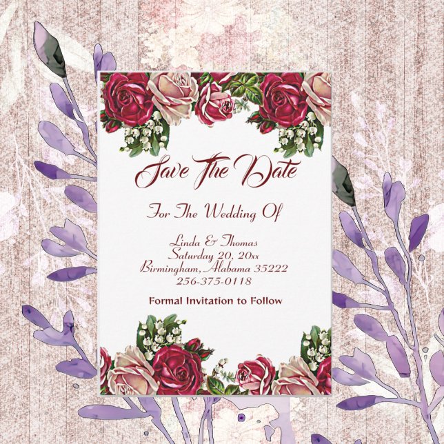 Save The Date Bourgogne Rouge Rustique Rose Mariage campagnard F (Burgundy Red Rustic Roses Floral Country Wedding Save The Date)