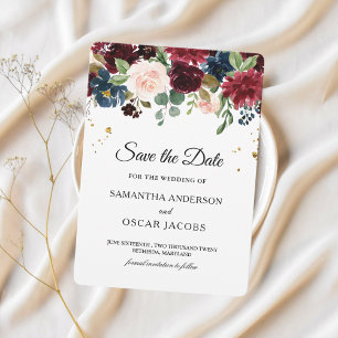 Save The Date Bourgogne rustique et floral bleu marine