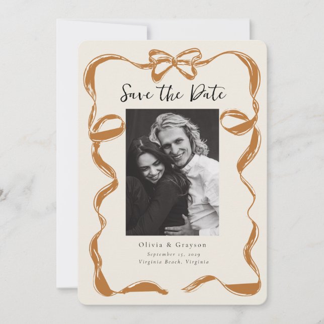 Save The Date Bow photo en cuivre blanc Enregistrer la date (Devant)