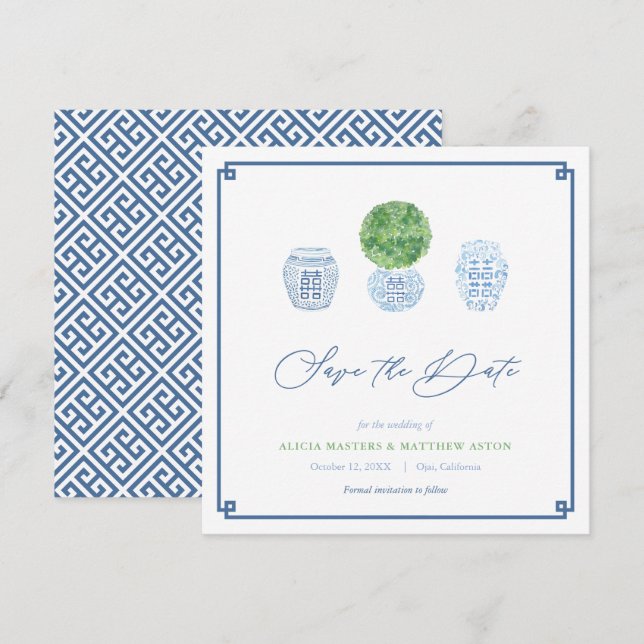 Save The Date Boxwood classique Ginger Jar Bleu et Mariage vert (Devant / Derrière)