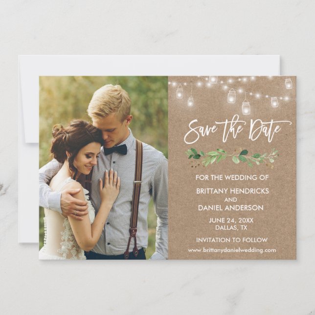 Save The Date Bracelet Script Eucalyptus Jar Lumières Kraft Phot (Devant)