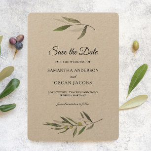 Save The Date Branche d'olive verte aquarelle Kraft