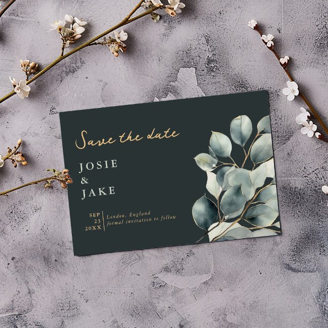 Save The Date Branche Eucalyptus jolies feuilles enregistrer la  (Dark green Eucalyptus branch pretty leaves wedding save the date with gold script and text)