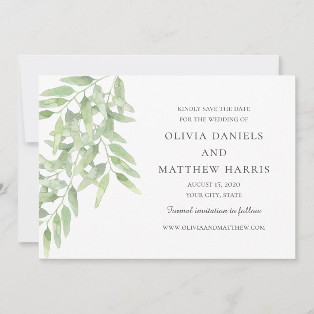 Save The Date Branches d'olive élégantes. Mariage simple botaniq (Devant)