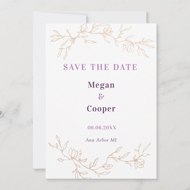 Save The Date Branches Dorées Mariage Design Lavander (Devant)