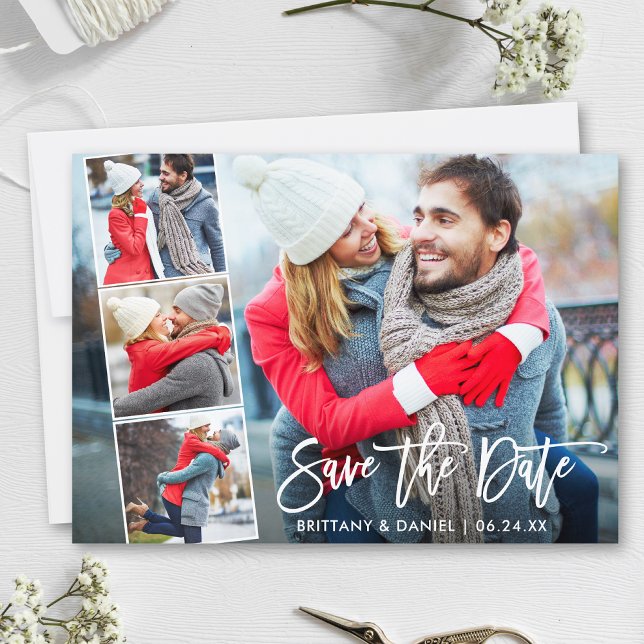 Save The Date Brosse moderne Script 4 photo (Customize to change your personalized text size, style or to add more text & photos to back of card.)