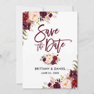 Save The Date Brosse moderne Script Floral Bourgogne