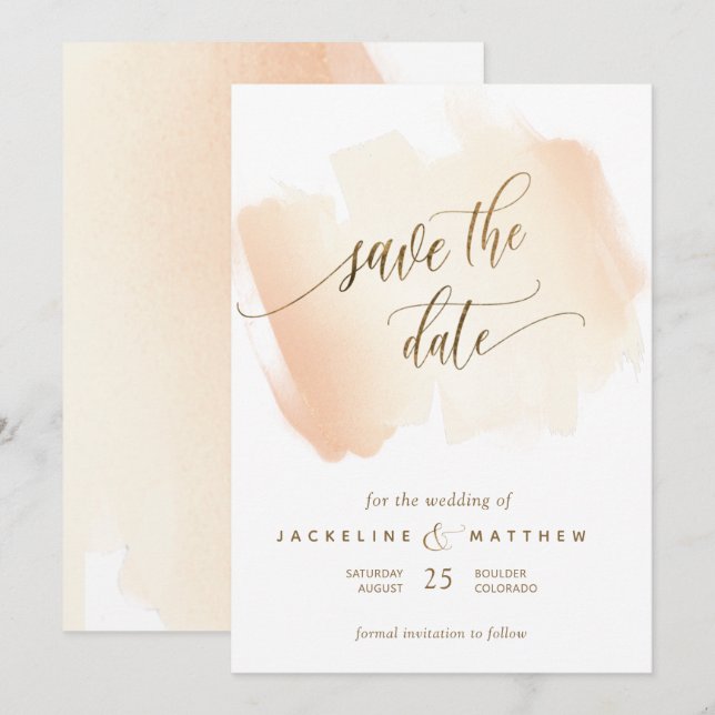 Save The Date Brosses à pinceau jaune et corail, Mariage minimal (Devant / Derrière)