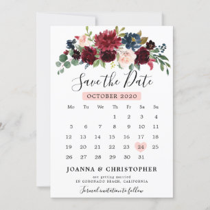 Save The Date Brousse Bourgogne Marine Bleu Botanique Floral Boh