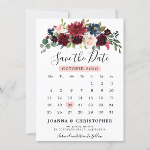 Save The Date Brousse Bourgogne Marine Bleu Botanique Floral Boh