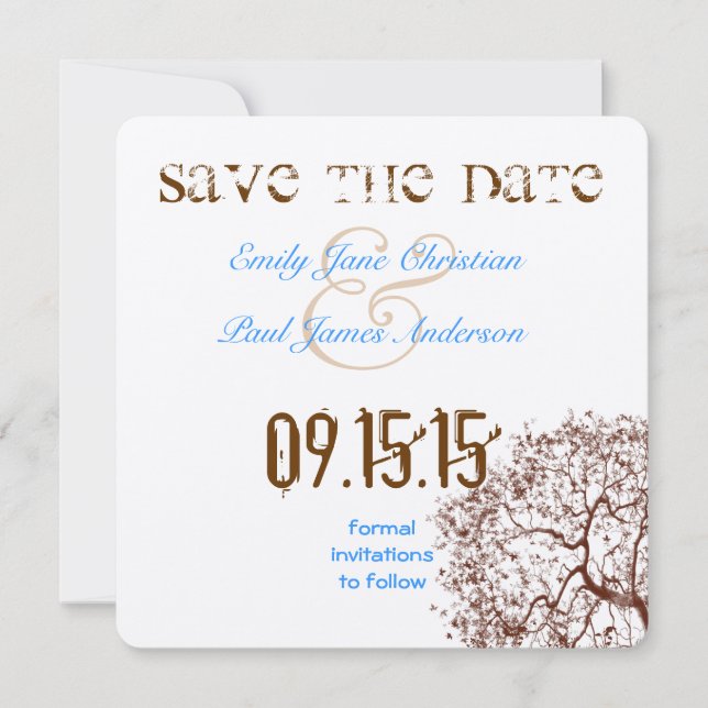 Save The Date Brown Arbre Bright Blue Police Enregistrer la date (Devant)