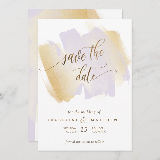 Save The Date Brush violet et jaune, Mariage minimal (Devant / Derrière)