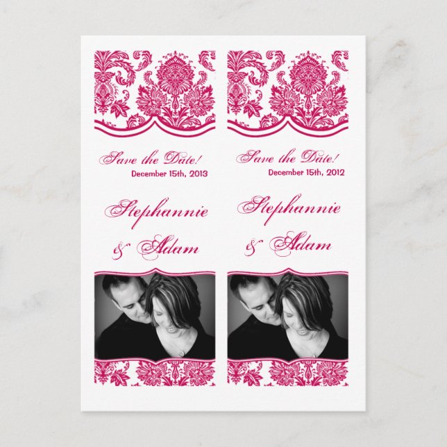 Save the Date Buch Mark Favorits Fusia White Damas Ankündigungspostkarte (Vorderseite)