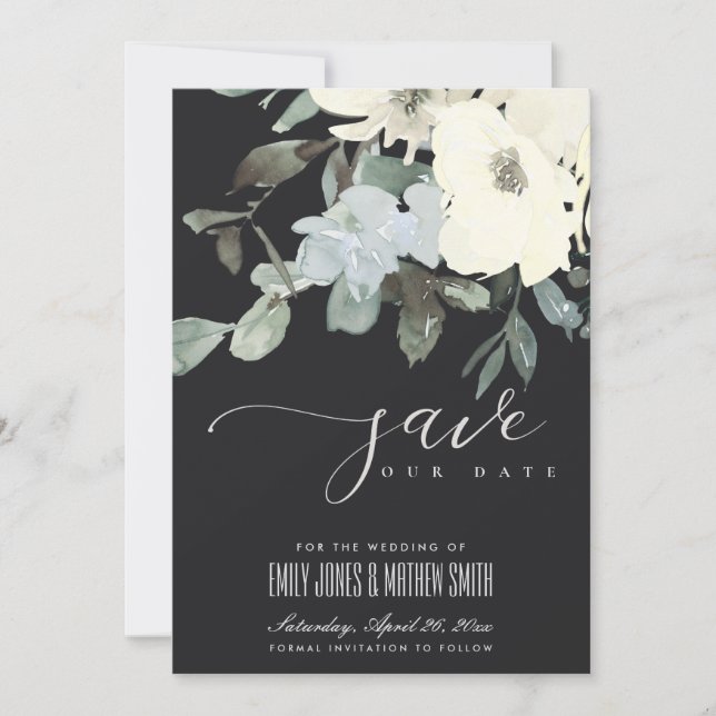 SAVE THE DATE BUNCH FLORAL AQUA EN IVOIRE NOIR (Devant)
