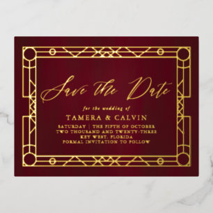 Save the Date Burgund Gold Dekorrahmen Folie Einladungspostkarte