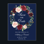Save the Date Burgunder Blumenwreath-Blau Ankündigungspostkarte<br><div class="desc">Modernes elegantes,  Watercolor-Burgunder Marsala blauer BlumenWreath,  Save the Date Verlobungs-Postkarte</div>