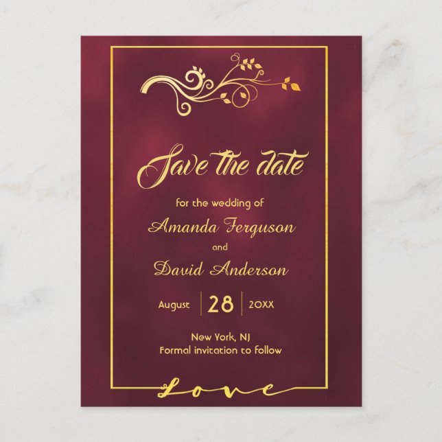 Save the Date burgundische Golddekoration Ankündigungspostkarte (Vorderseite)