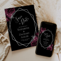 Burgundy Argent Floral Géo Noir Épargnez la Date