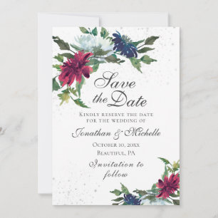 Save The Date Burgundy Blanc Bleu Élégant Mariage Floral