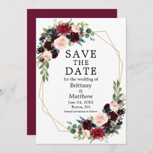 Save The Date Burgundy Bleu Aquarelle Floral Gold Geo Frame
