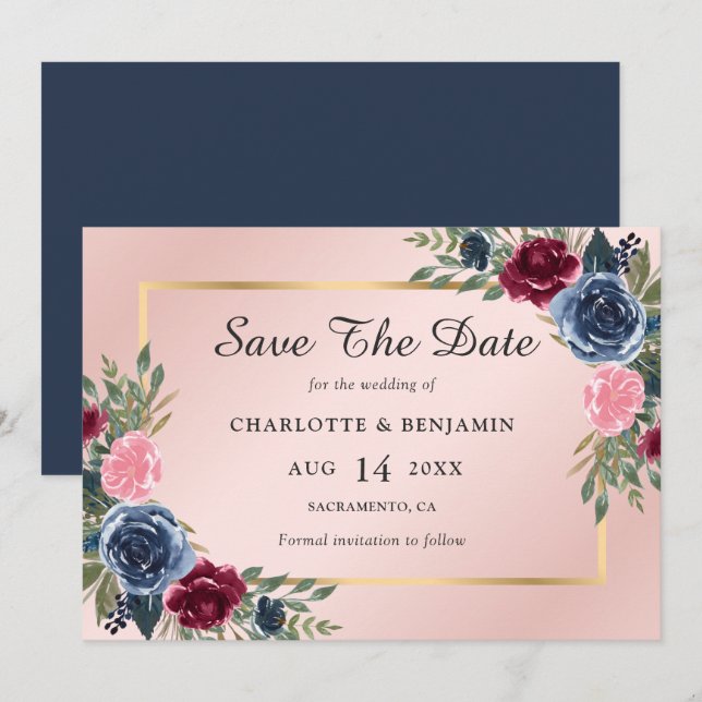 Save The Date Burgundy Bleu Bleu Or Floral Mariage (Devant / Derrière)
