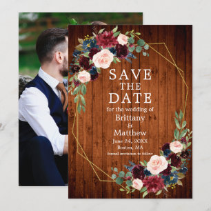 Save The Date Burgundy Bleu Floral Bois Geo Frame Photo