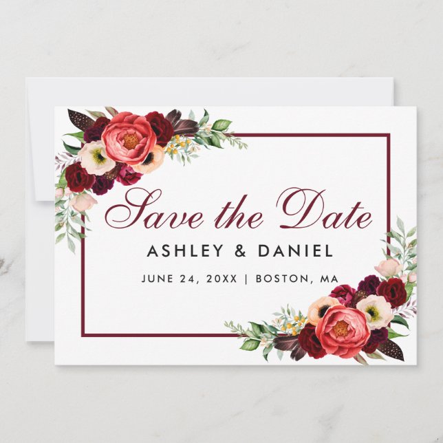 Save the Date Burgundy Bloral Card (Vorderseite)