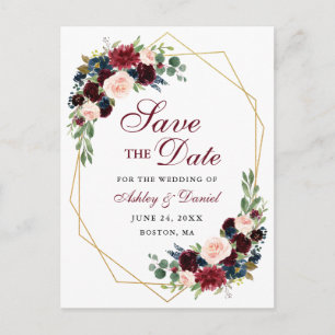 Save the Date Burgundy Blue Floral Gold Frame Ankündigungspostkarte