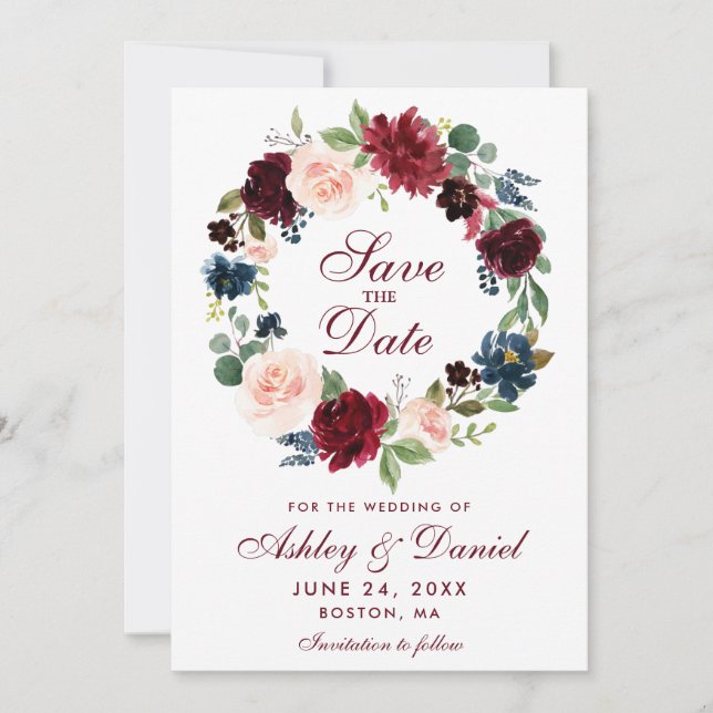 Save the Date Burgundy Blue Floral Wreath Card (Vorderseite)