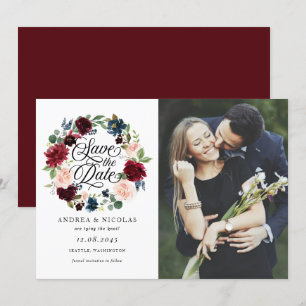 Save The Date Burgundy & Blue Floral Wreath Photo Enregistrer la