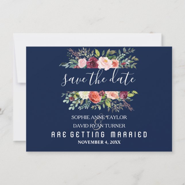 Save The Date Burgundy Blush Floral Frame Dark Blu Enregistrer L (Devant)