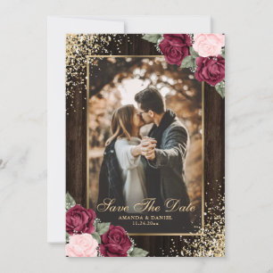 Save The Date Burgundy Blush Gold Wood Floral Mariage Photo