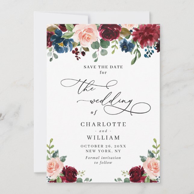 Save The Date Burgundy Blush Navy Floral Rose Rustic Mariage (Devant)