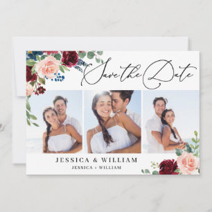 Save The Date Burgundy Blush Navy Floral Roses 3 PHOTO Mariage