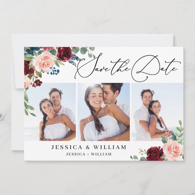 Save The Date Burgundy Blush Navy Floral Roses 3 PHOTO Mariage (Devant)