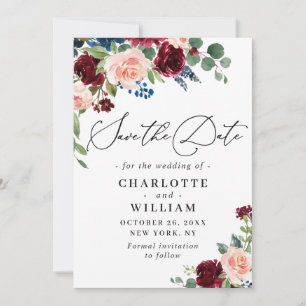 Save The Date Burgundy Blush Navy Floral Roses Floral Mariage